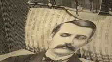 steampun illustration of a man lying in bed