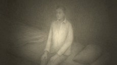 man with closed eyes sits on a bed, black and white illustration