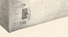 part of a newspaper, a man with umbrella